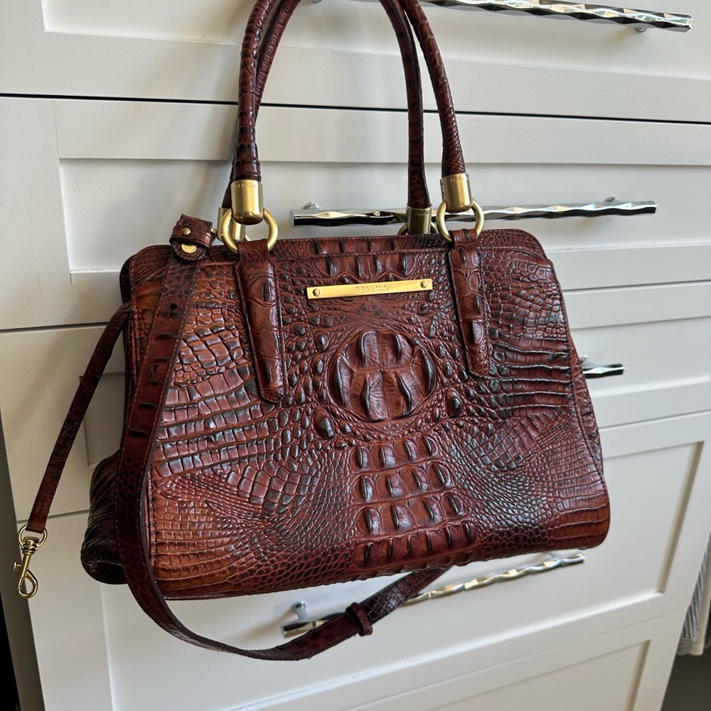Brahmin Brown Crocodile Embossed Satchel with Gold Accents